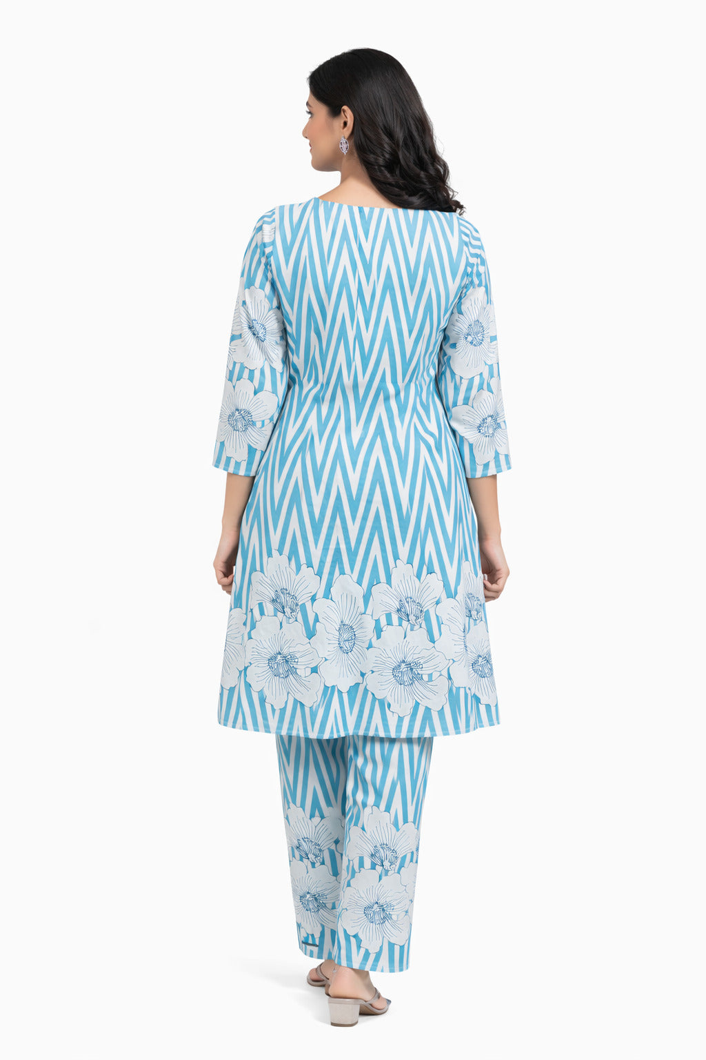 Ruaati Women Sky Blue Printed A-Line Kurta Set with Floral Design