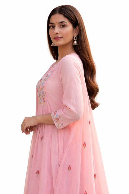 Ruaati Women Cotton Embroidered Pink Kurta Sets with Dupatta Ethnic Wear