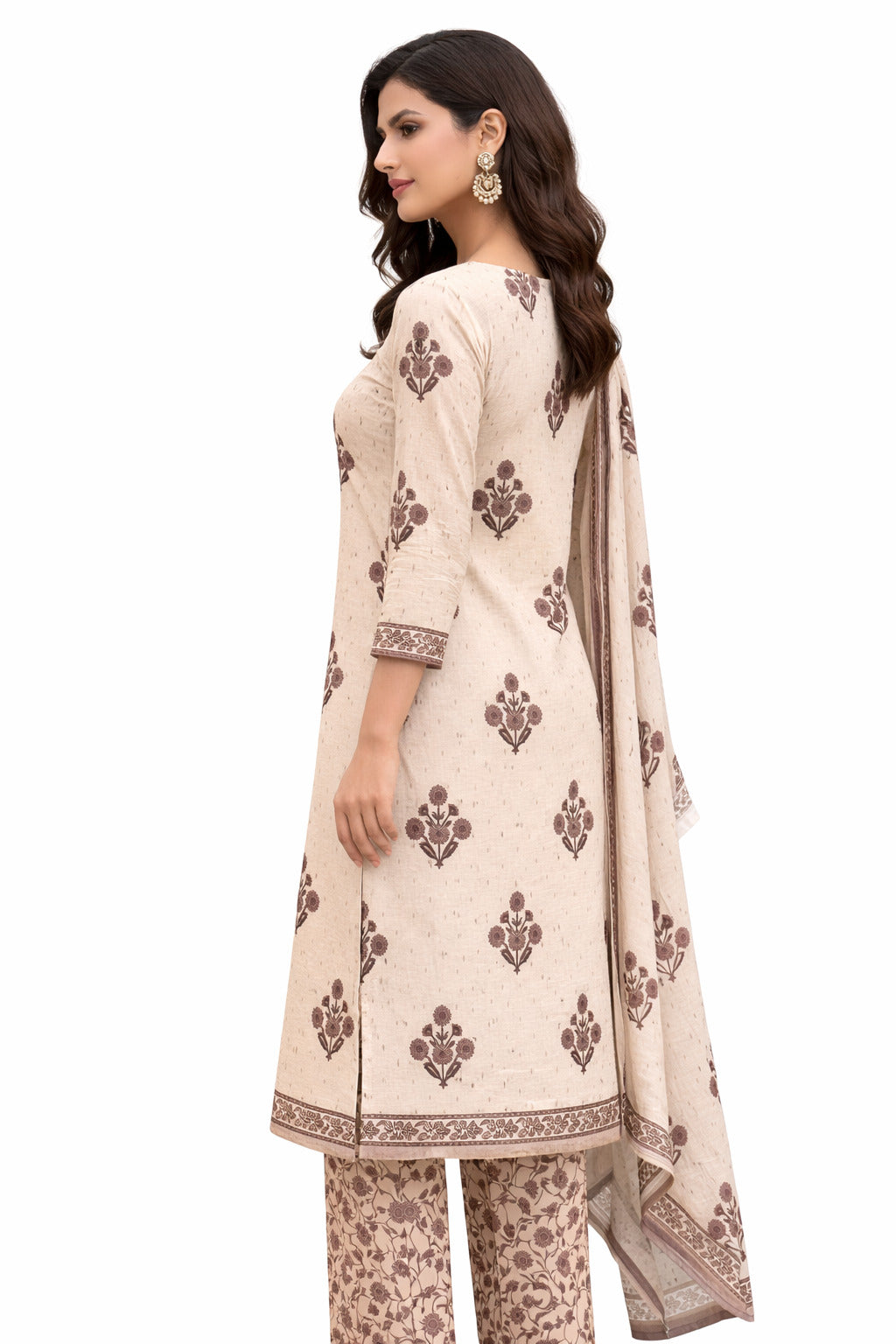Ruaati Women Elegant Beige Floral Printed Cotton Kurta Pant Dupatta Set for Daily & Office Wear