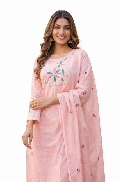 Ruaati Women Light Pink Mul Cotton Kurta Set with Floral Embroidery Work
