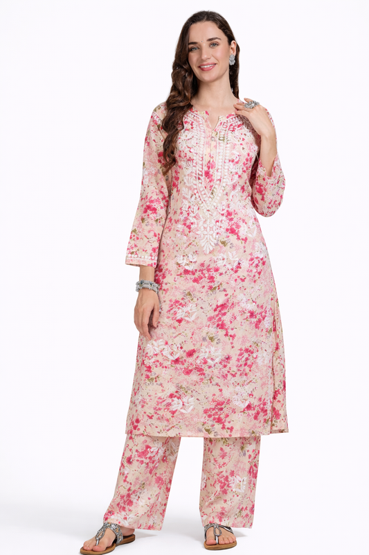 Ruaati Women Chikankari Straight Mul Cotton Kurta with Palazzo