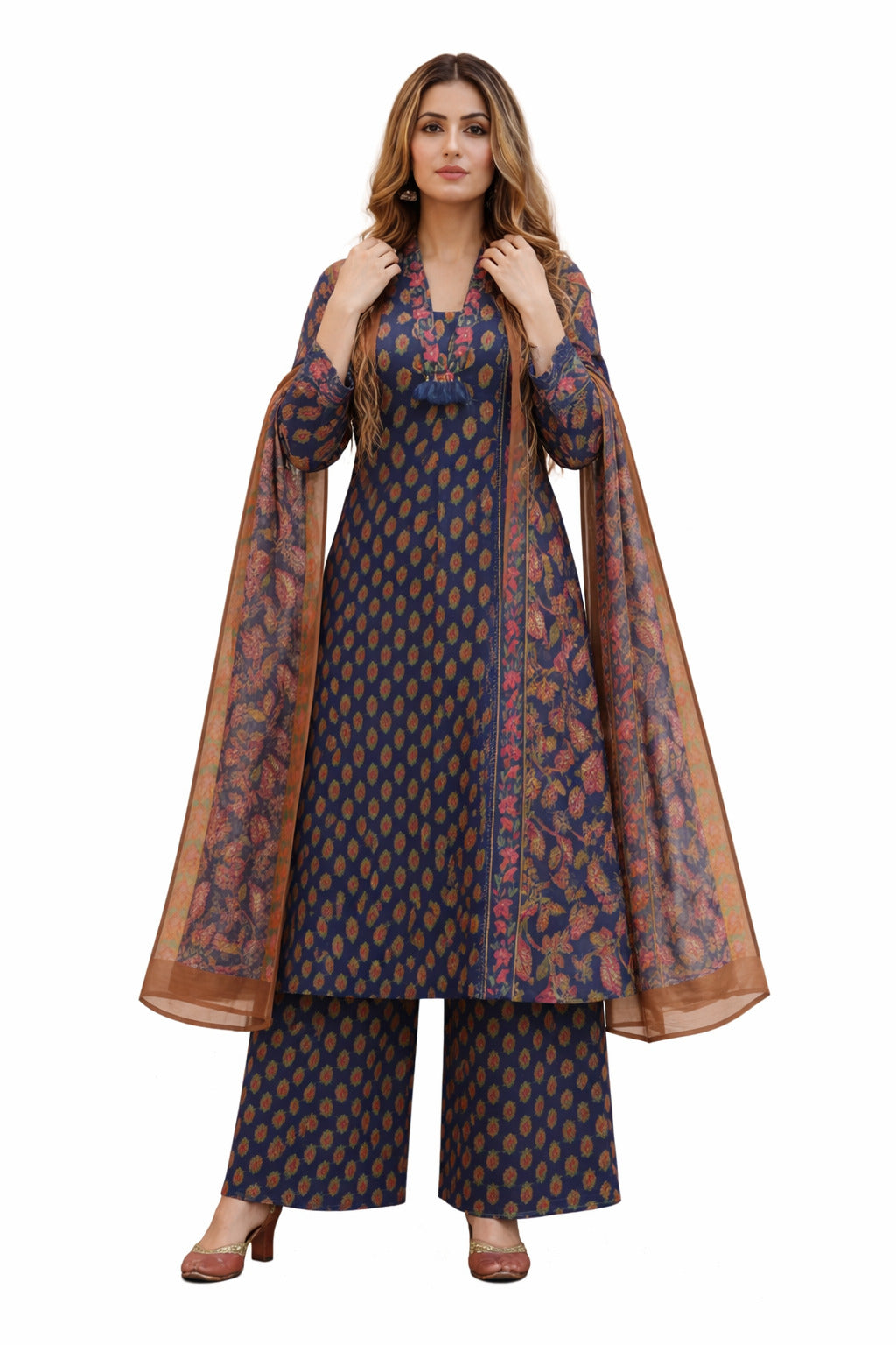 Ruaati Women Royal Indigo Floral Mul Cotton Kurta Set with Dupatta