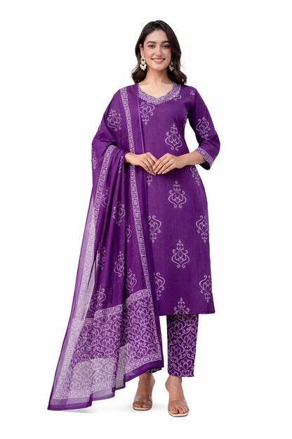 Ruaati Women Purple Embroidered Kurta Pant Set with Dupatta