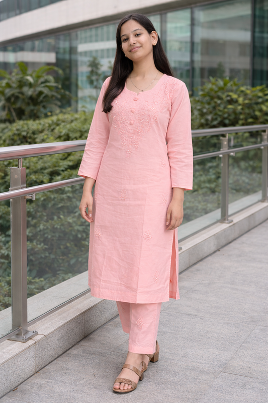 Ruaati Women Mul Cotton Light Bright Pink Chikankari Straight Kurta with Pant Set