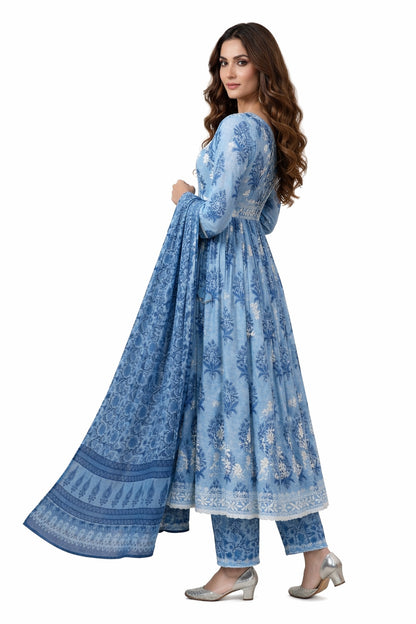 Ruaati Women Elegant Blue Mul Cotton Anarkali Kurta Set with Dupatta