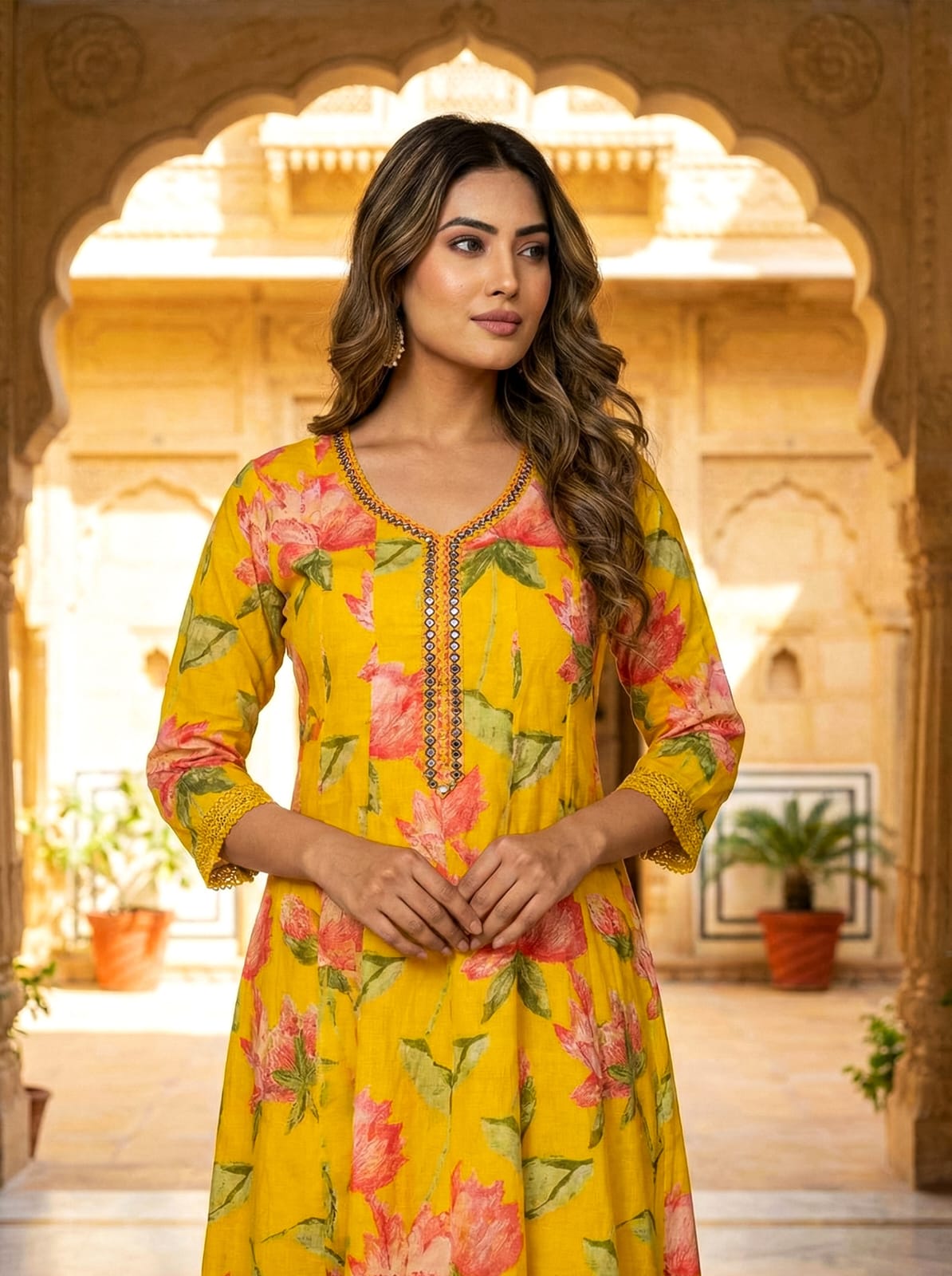 Ruaati Women Yellow Floral Kurta Set with Elegant Dupatta