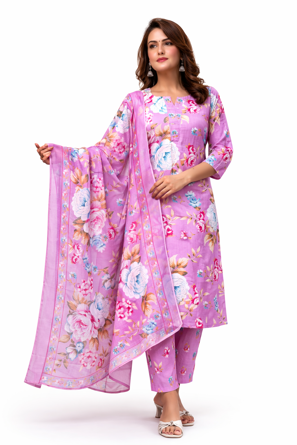 Ruaati Women Pink Floral Printed Kurta Pant Set with Dupatta