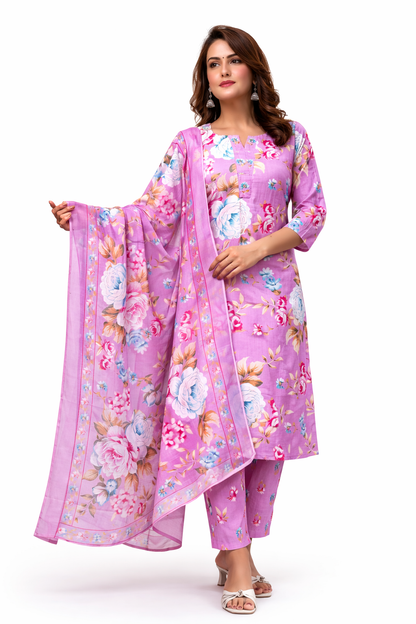 Ruaati Women Pink Floral Printed Kurta Pant Set with Dupatta