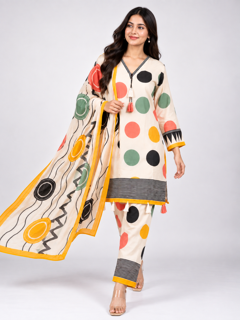 Off-White Multicolour Printed Suit Set