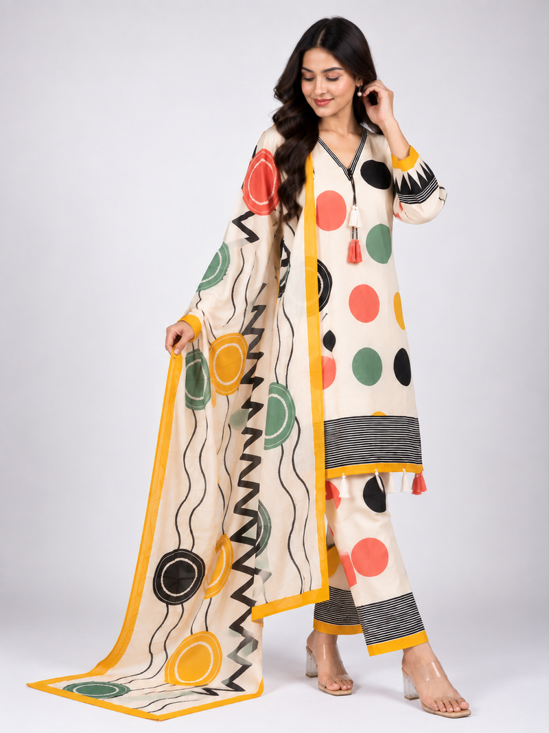 Off-White Multicolour Printed Suit Set