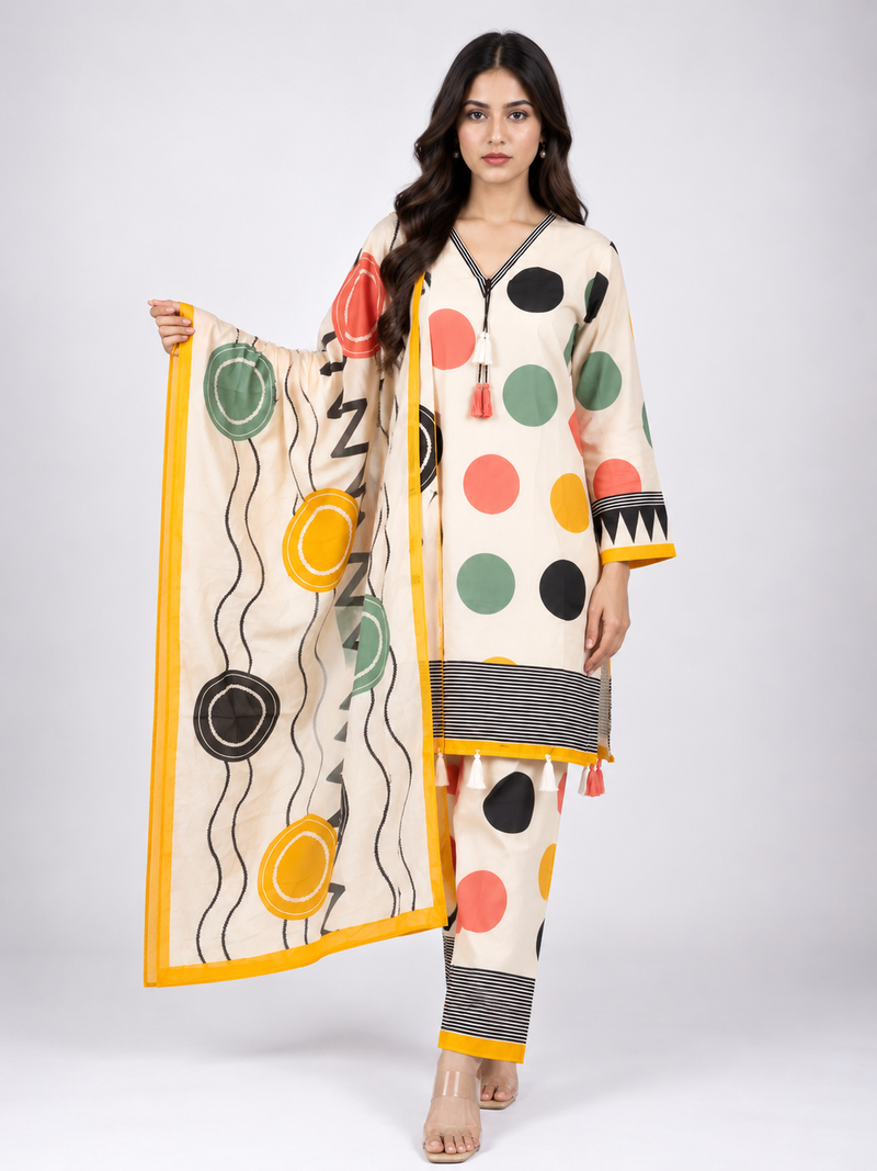 Off-White Multicolour Printed Suit Set