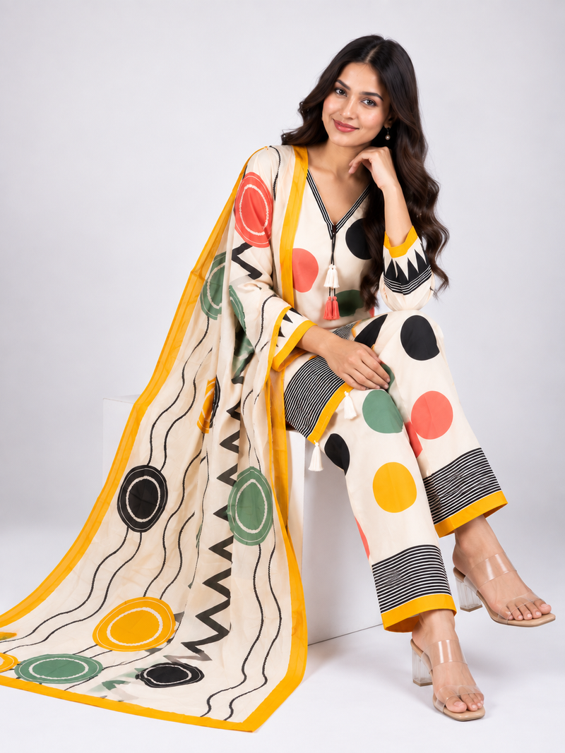 Off-White Multicolour Printed Suit Set
