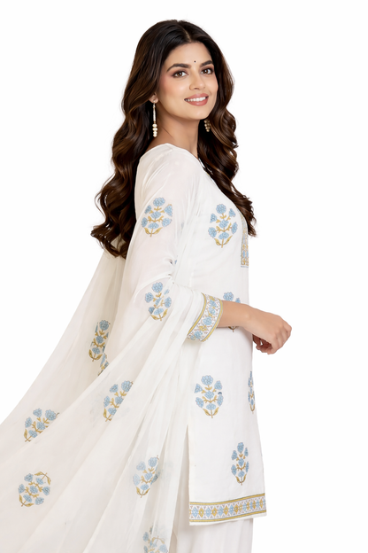 Ruaati Women Pure Mul Cotton Kurta Set with Elegant Block Print & Printed Dupatta