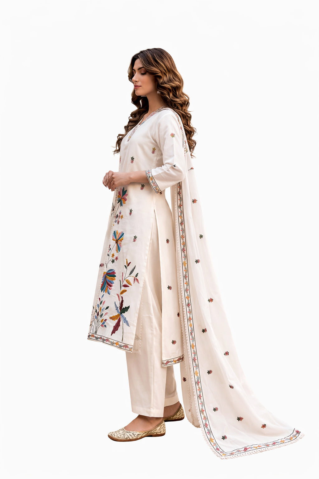 Ruaati Women Pastel Ivory Mul Cotton Kurta Set with Handcrafted Floral Design