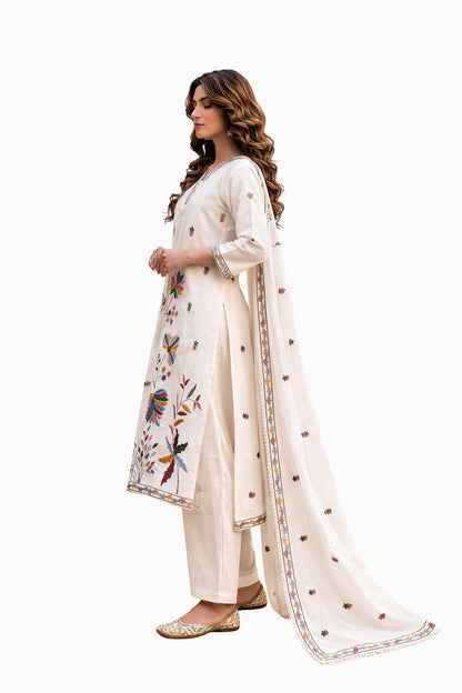 Ruaati Women Pastel Ivory Mul Cotton Kurta Set with Handcrafted Floral Design