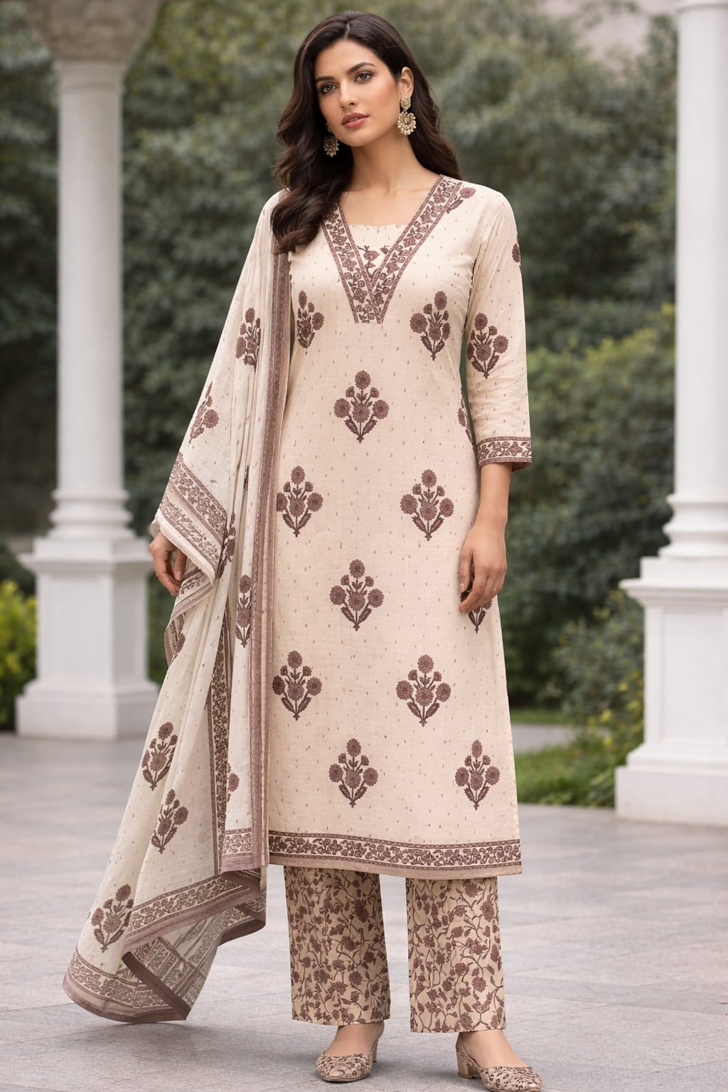 Ruaati Women Elegant Beige Floral Printed Cotton Kurta Pant Dupatta Set for Daily & Office Wear