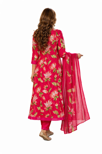 Ruaati Women Women’s Bright Pink Floral Mul Cotton Kurta Set with Dupatta
