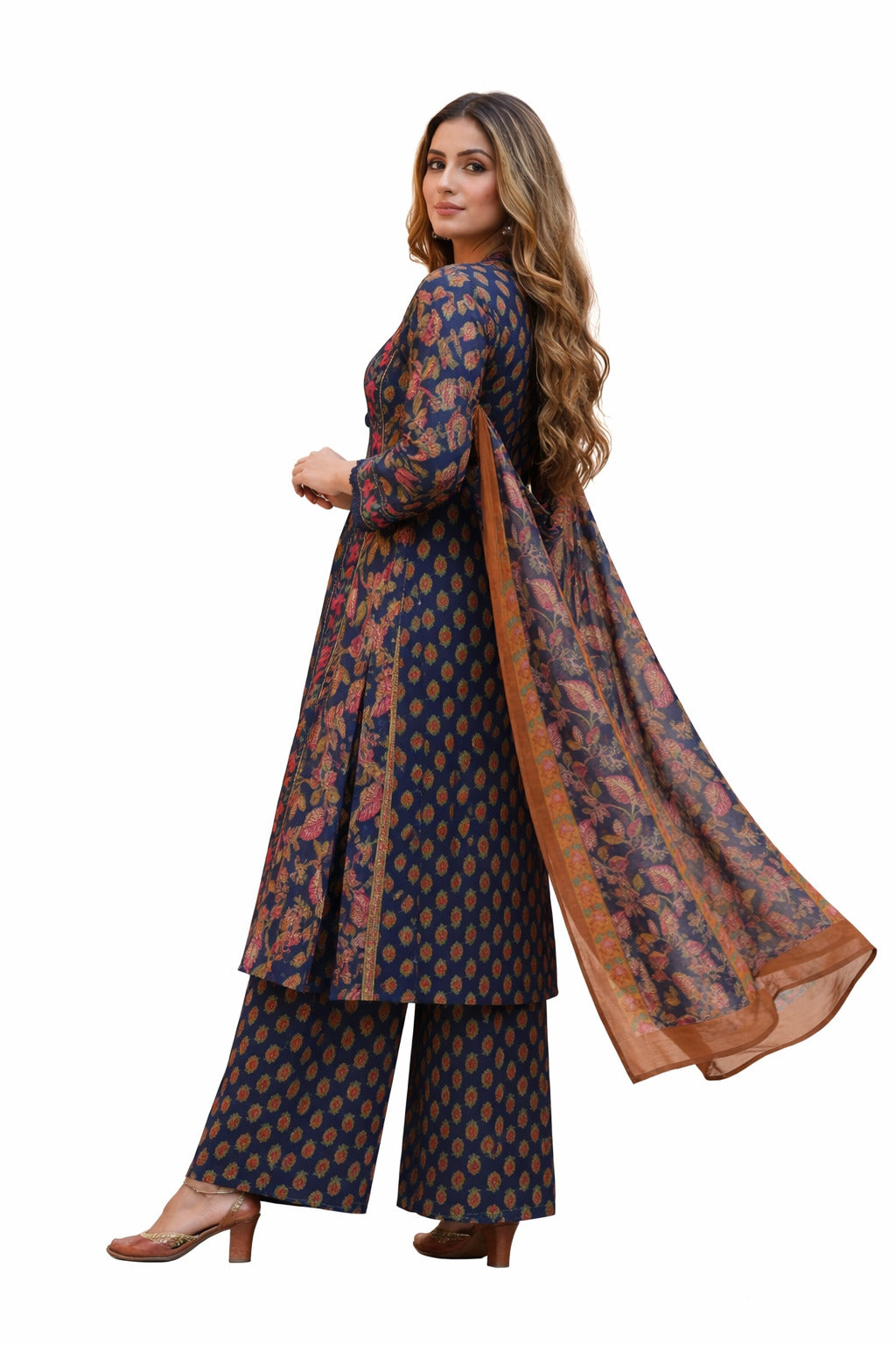 Ruaati Women Royal Indigo Floral Mul Cotton Kurta Set with Dupatta