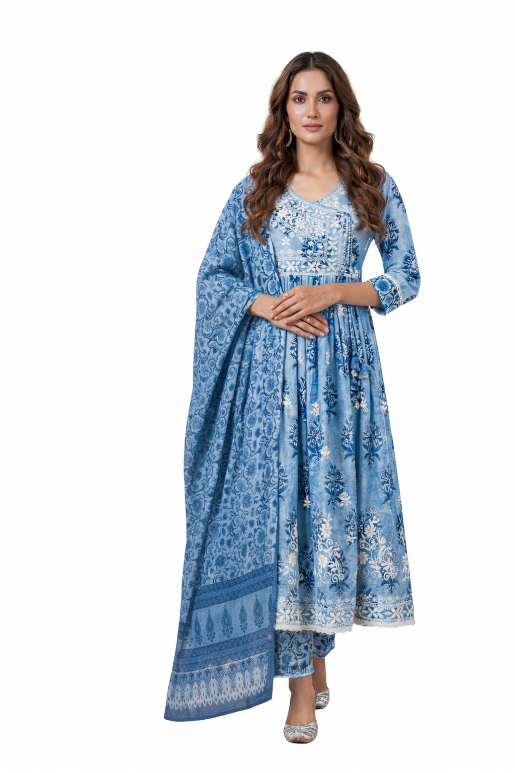 Ruaati Women Elegant Blue Mul Cotton Anarkali Kurta Set with Dupatta