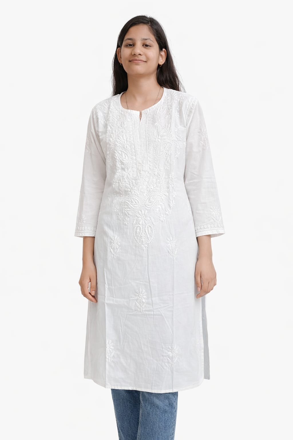 Ruaati Women White Mul Cotton Chikankari Straight Kurta