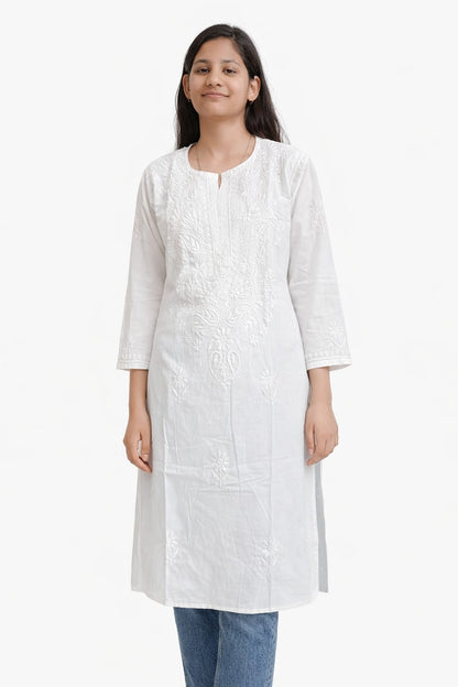 Ruaati Women White Mul Cotton Chikankari Straight Kurta