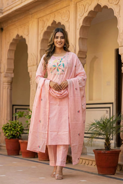 Ruaati Women Light Pink Mul Cotton Kurta Set with Floral Embroidery Work