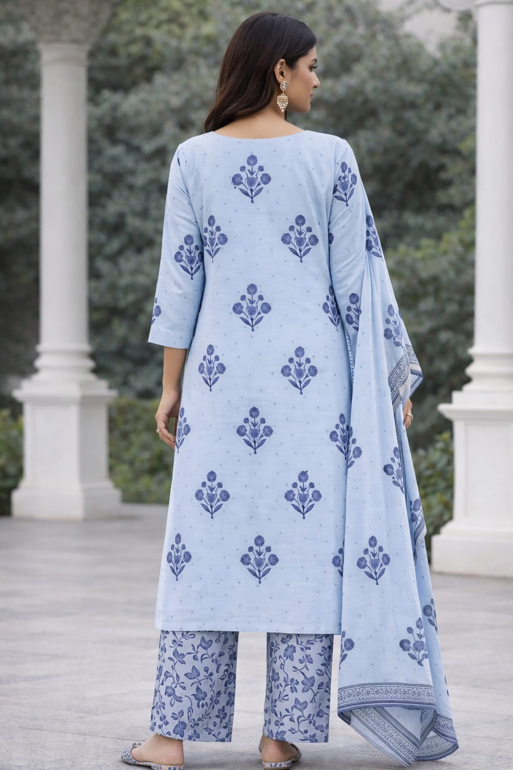 Ruaati Women Elegant Blue Floral Printed Cotton Kurta Pant Dupatta Set for Daily & Office Wear