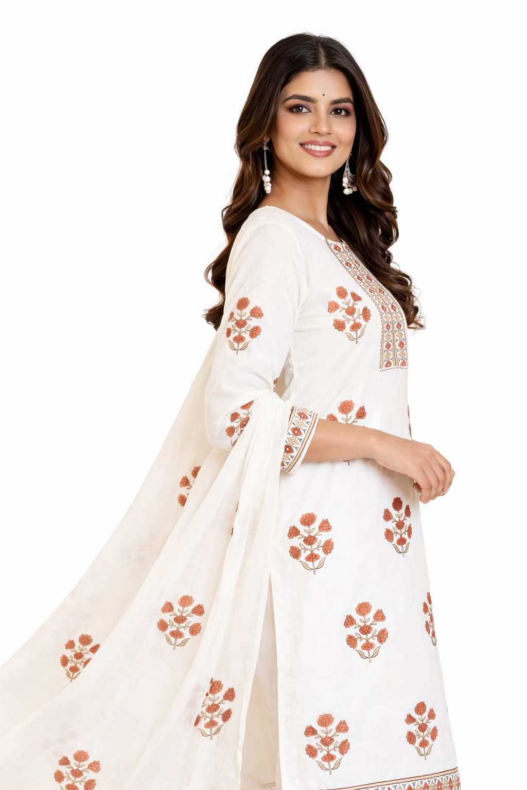 Ruaati Women Pure Mul Cotton Block Print Kurta Set with Dupatta for Office Wear