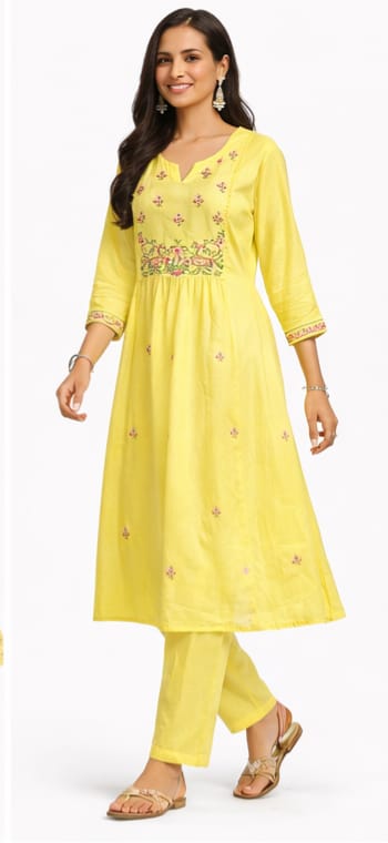 Ruaati Women Pure Mul Cotton Yellow Embroidery Kurta Pant Dupatta Set