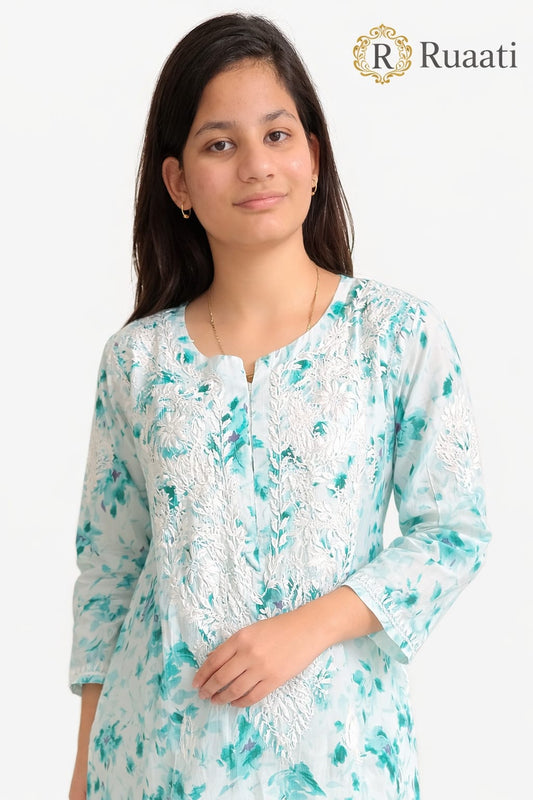Ruaati Women Chikankari Straight Blue Mul Cotton Kurta with Palazzo