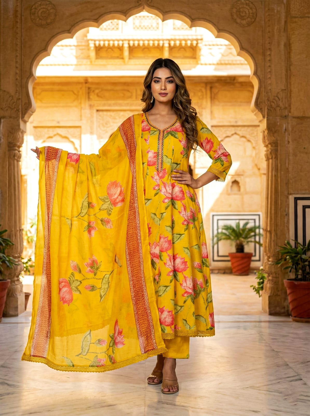 Ruaati Women Yellow Floral Kurta Set with Elegant Dupatta