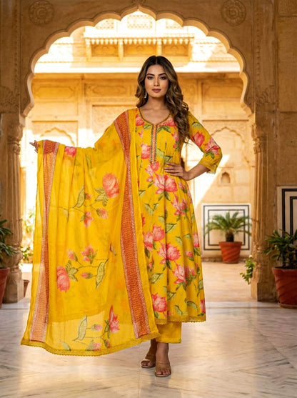 Ruaati Women Yellow Floral Kurta Set with Elegant Dupatta