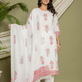 White Floral Embroidered Straight Mul Cotton Suit Set