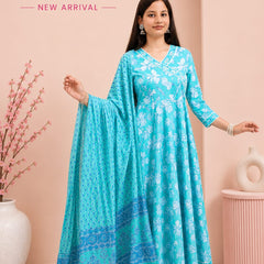 Ruaati Sky Blue Floral Printed Anarkali Set