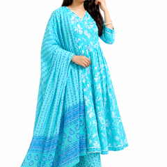 Ruaati Sky Blue Floral Printed Anarkali Set