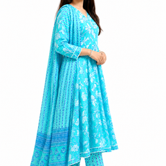 Ruaati Sky Blue Floral Printed Anarkali Set