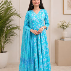 Ruaati Sky Blue Floral Printed Anarkali Set