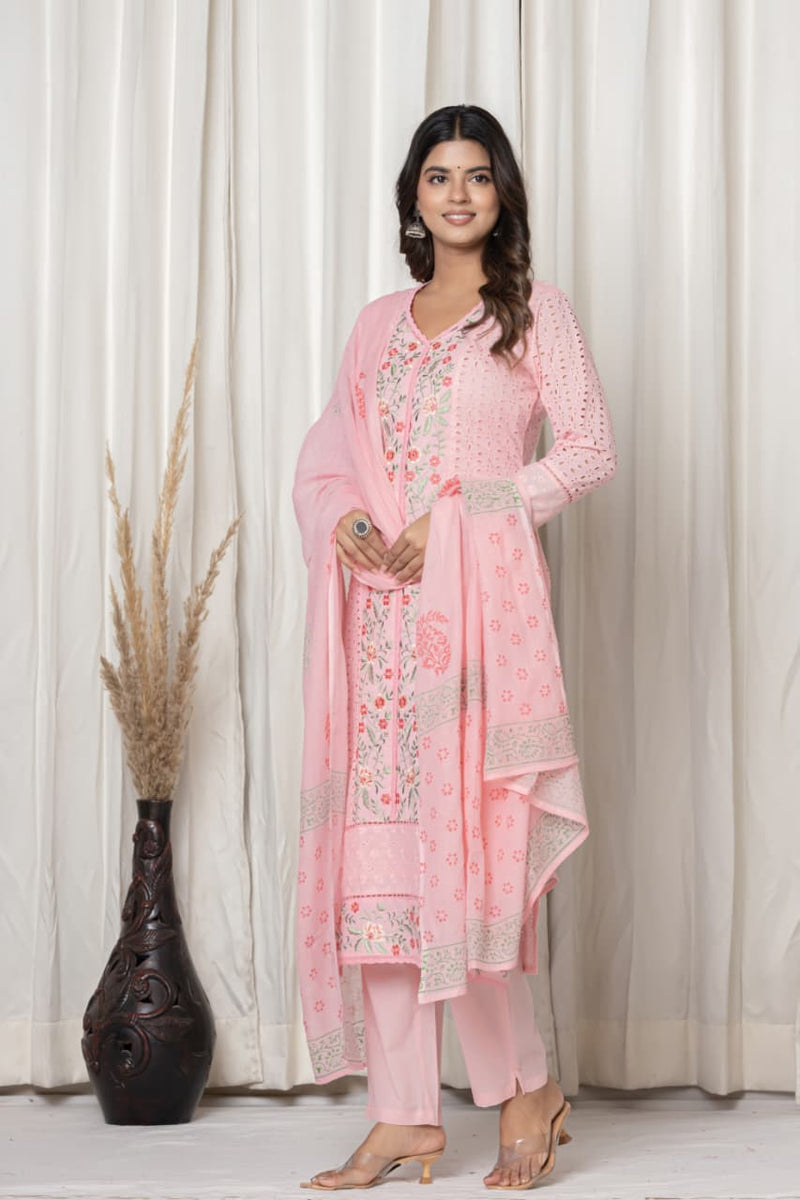 Light Pink Floral Embroidered Straight Suit Set