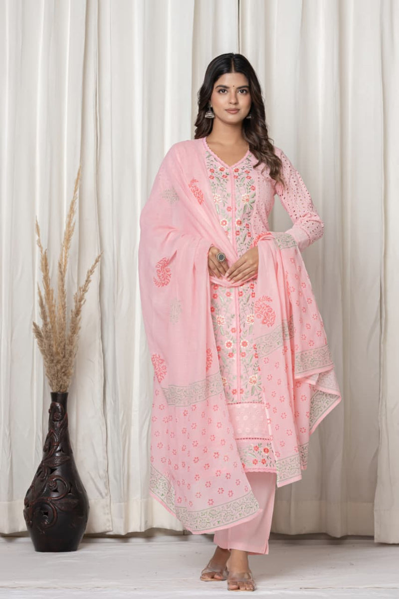Light Pink Floral Embroidered Straight Suit Set