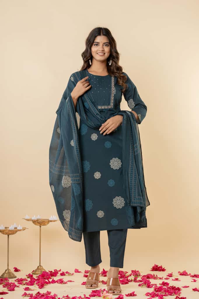 Dark Green Embroidered Straight Suit Set