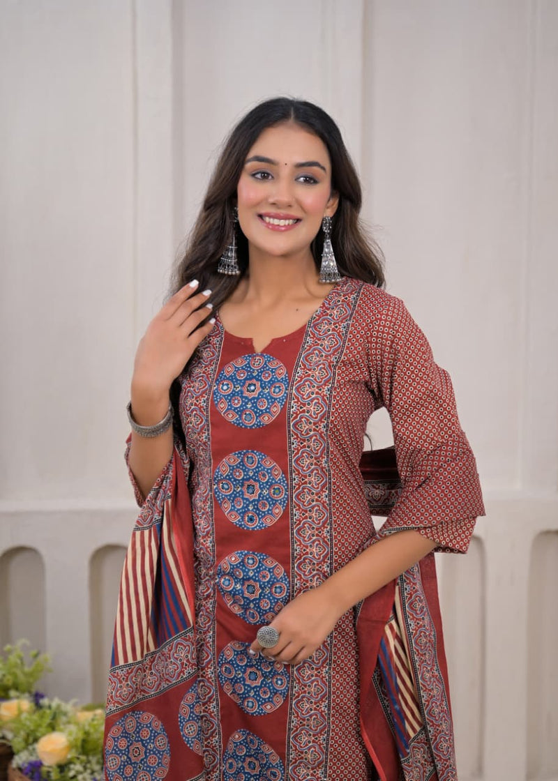 Pure Cotton Hand adda work 3-Piece Suit Set