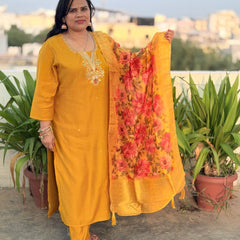 Mustard Yellow Matka Silk Embroidered Suit Set