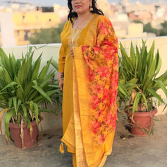 Mustard Yellow Matka Silk Embroidered Suit Set