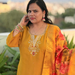 Mustard Yellow Matka Silk Embroidered Suit Set