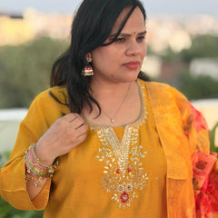 Mustard Yellow Matka Silk Embroidered Suit Set