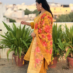 Mustard Yellow Matka Silk Embroidered Suit Set