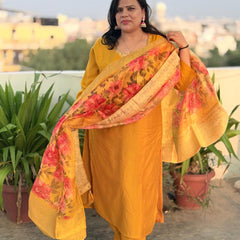 Mustard Yellow Matka Silk Embroidered Suit Set