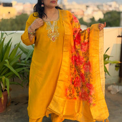Mustard Yellow Matka Silk Embroidered Suit Set