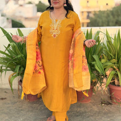 Mustard Yellow Matka Silk Embroidered Suit Set