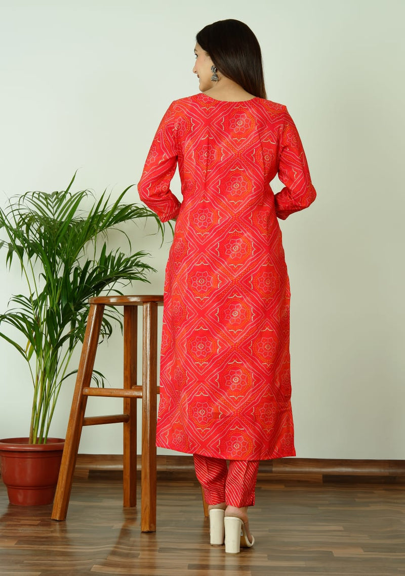 Red Muslin Silk Suit Set with Adda Work